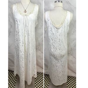 Vtg 80s Nightgown Dress White Satin Floral Lace Bridal Prairie Cottagecore SZ L